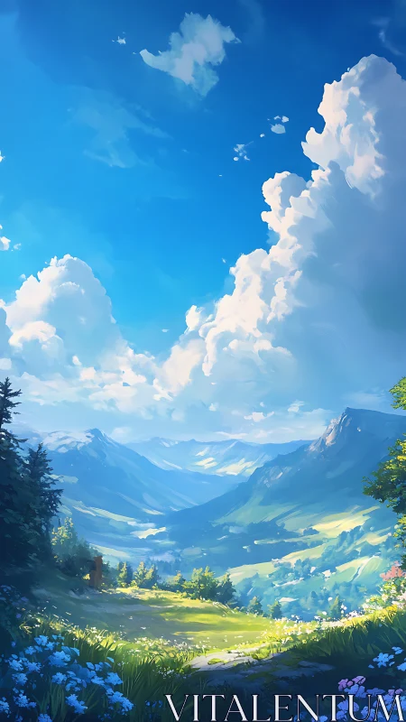 Sunlit alpine valley with dramatic cumulus cloud formations.