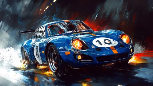 Dynamic blue race car drifts through neon-lit wet asphalt