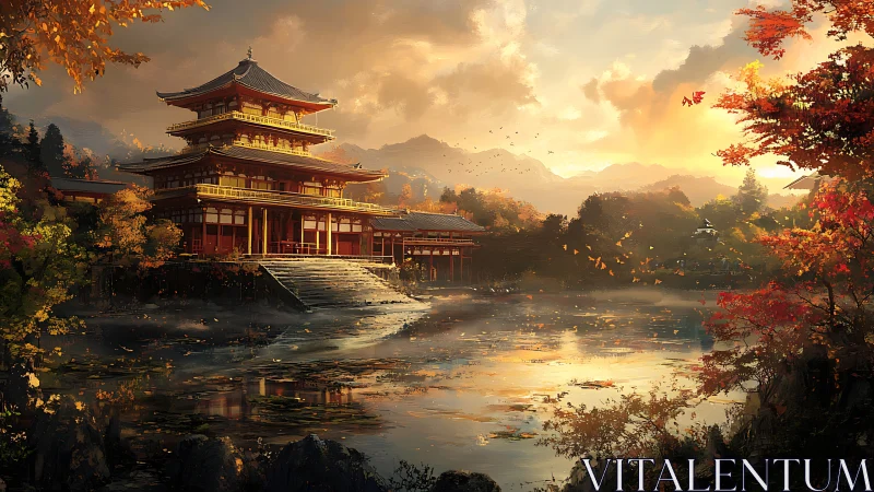 Japanese lakeside temple stands in warm autumn sunset light