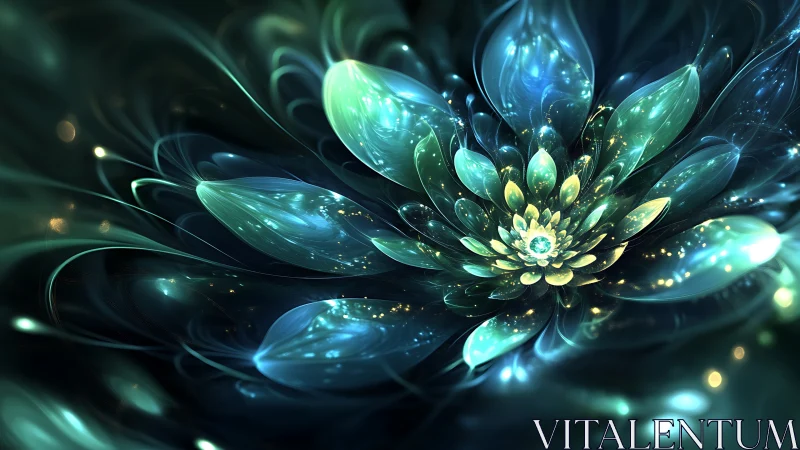 Glowing cosmic flower unfolding in dreamy teal light.