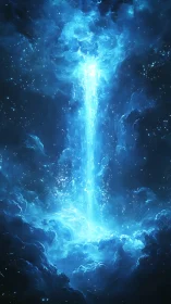 Vertical blue energy vortex descends through luminous clouds