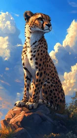 Cheetah Standing on Rocky Outcrop Against Clouded Sky.
