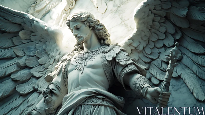 Marble winged warrior statue with ornate armor and staff.