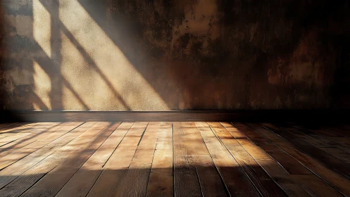 Sunlit rustic wooden floor with textured brown wall.