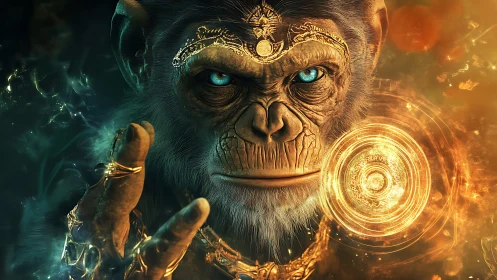 Mystic cybernetic ape controls radiant golden energy portal