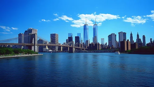 Sky-bright Manhattan skyline and bridge over ink-blue river.