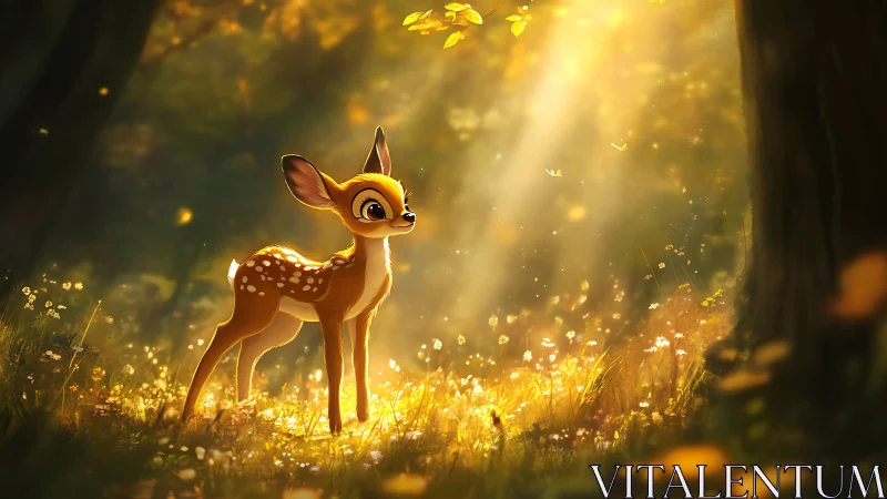 Young fawn in luminous forest glade under golden sunbeams.