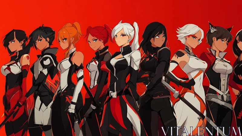 Bold anime heroines stand united in sleek battle armor