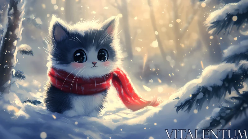 Cozy Winter Kitten in a Snowy Forest Embrace.