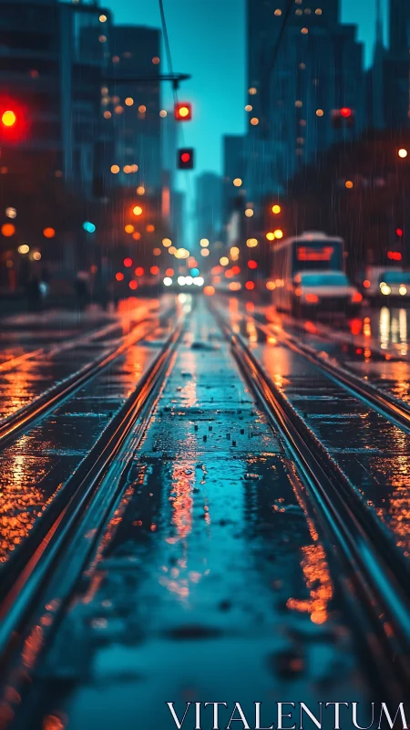 Rain-soaked city tram tracks with neon bokeh reflections.