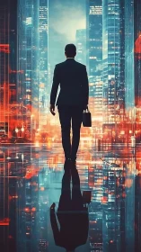 Executive Silhouette Ascending Corporate Urban Skyline.