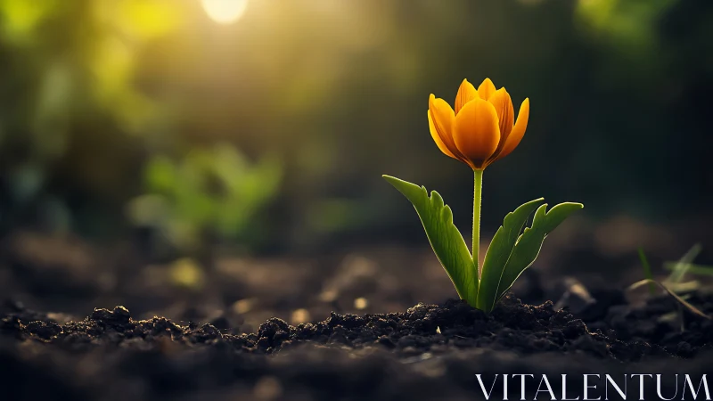 Golden tulip bloom rises from rich soil at sunrise