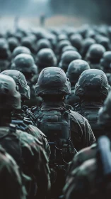 Military personnel in uniformed formation viewed from rear.