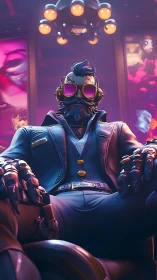 Cool cyberpunk boss lounges in neon-lit futuristic lounge