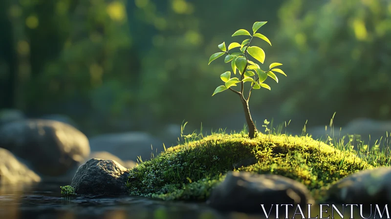 Sunlit sapling kingdom on a mossy river island of hope.