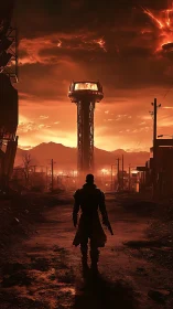 Lone wanderer walks toward a burning futuristic tower.
