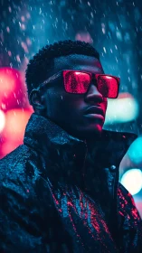 Neon rain portrait with reflective magenta visor glasses at night