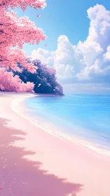 Pink flowering tree coastline scene with blue sky.