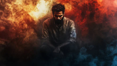 Man sits centrally amid contrasting orange and blue smoke