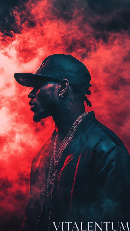 Profile portrait shows silhouetted figure in red smoke