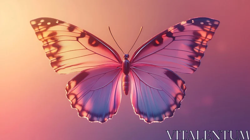Bioluminescent butterfly rendered in pastel sunset bokeh.