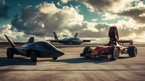 Futuristic race cars and stealth jet on dramatic runway.