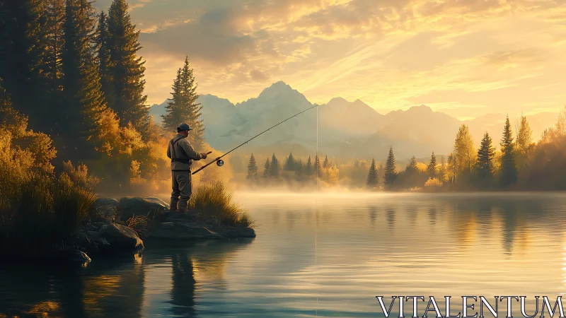 Fly fisher stands on misty mountain lake at sunrise.