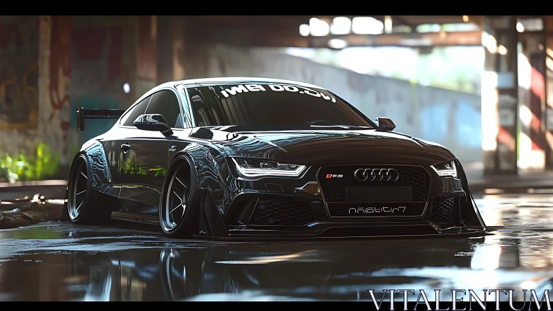 Gleaming tuned Audi rests low and bold in a gritty warehouse