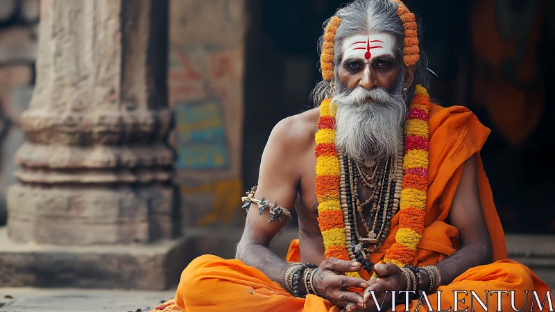 Serene holy man in marigold garlands and vibrant saffron robes.
