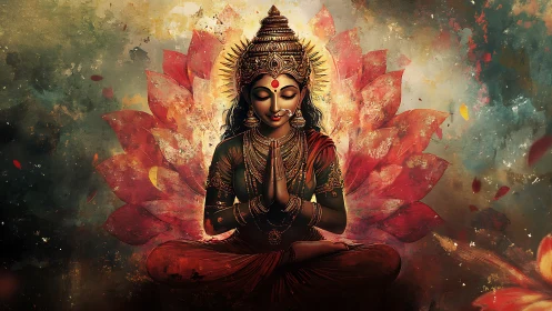 Ornate Hindu goddess in lotus pose framed by radiant petal mandala