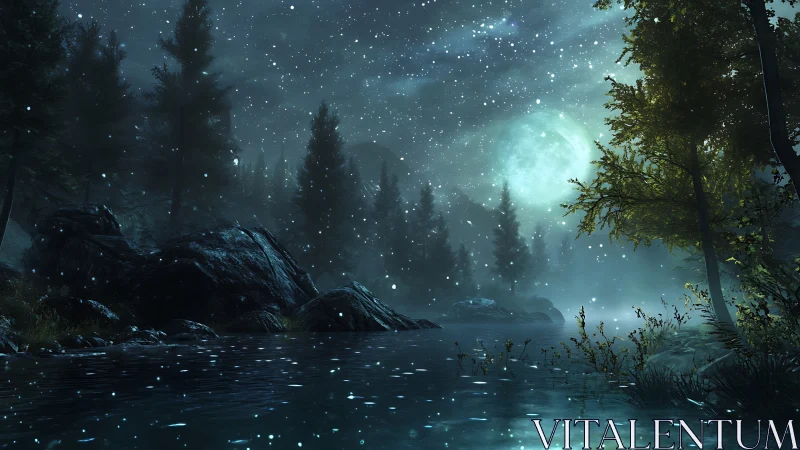 Moonlit forest lake under drifting snow and mist.