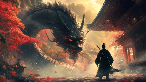 Samurai facing large dragon in autumn temple landscape.