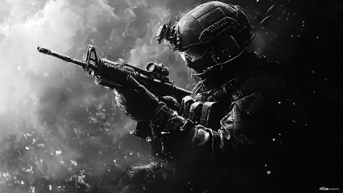 Tactical soldier aims rifle in stark monochrome battlefield
