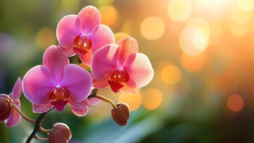 Pink Orchid Blossoms Against Golden Bokeh.