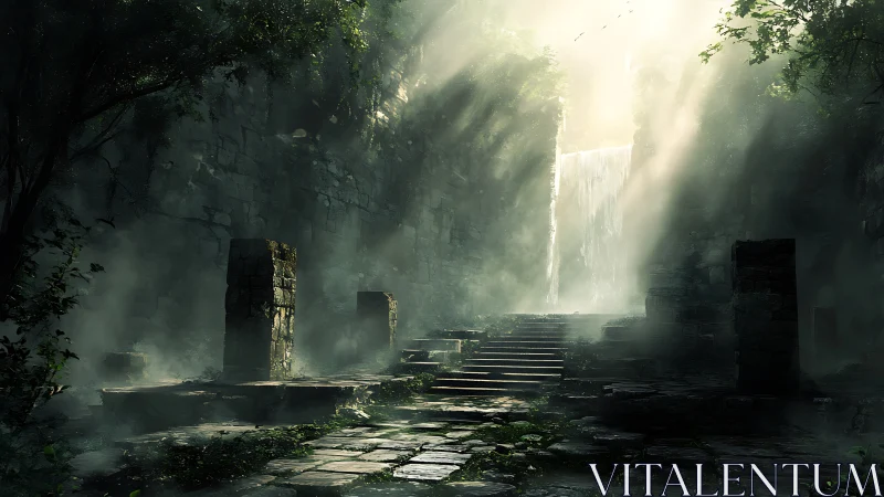 Ancient stone ruin stairway under mist and waterfall light.