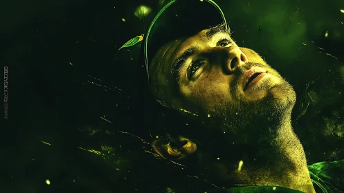 Close-up green-toned digital portrait of man in cap.