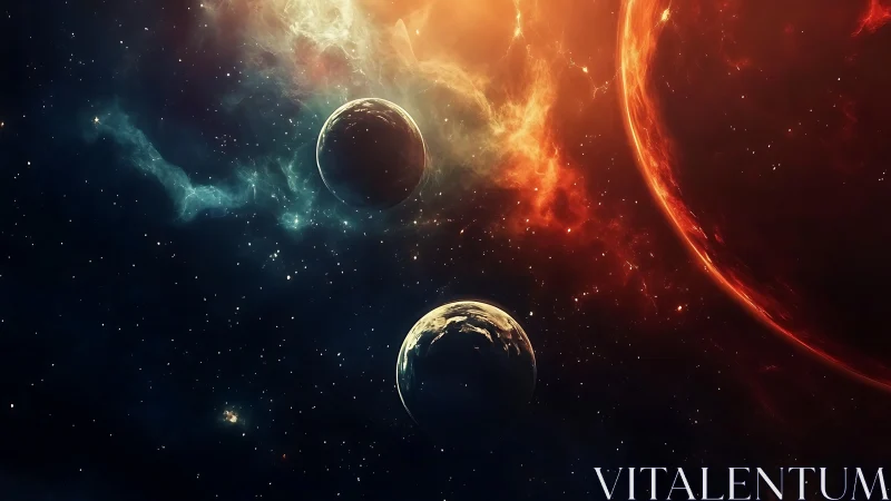 Fiery red star engulfs twin planets in deep cosmic void.