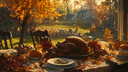 Photorealistic autumn feast table with pastoral window view.