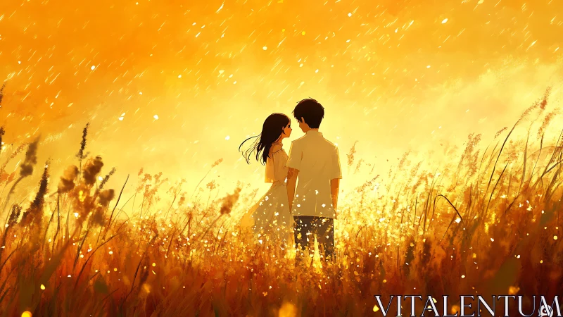 Luminescent Field Romance: Silhouetted Couple in Golden Hour Pastoral Setting.