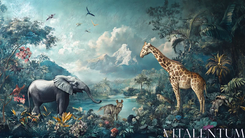 African wildlife animals in lush teal jungle landscape.