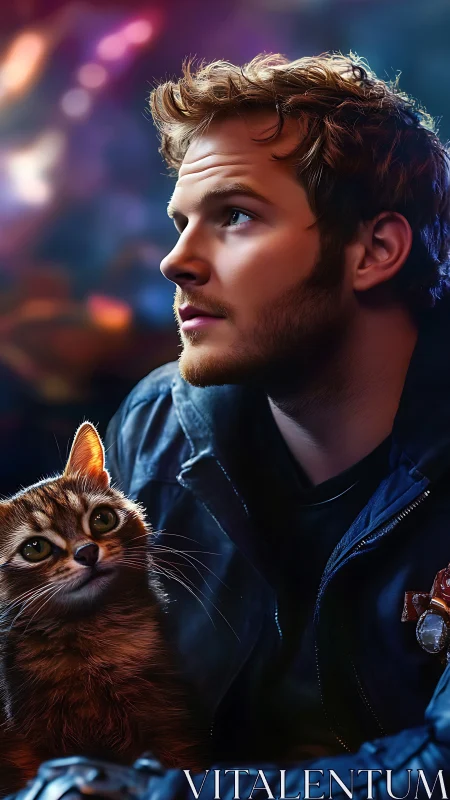 Man in dark jacket with cat against blurred neon backdrop.