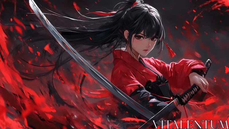 Kinetic katana duelist in crimson vortex of motion blur.