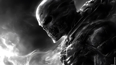 Armored skeletal figure stands in monochrome atmospheric scene