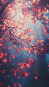 Scarlet leaves drifting through dreamy forest light.