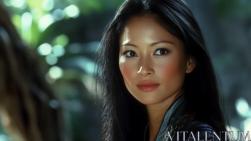Woman with calm expression in soft outdoor light portrait.