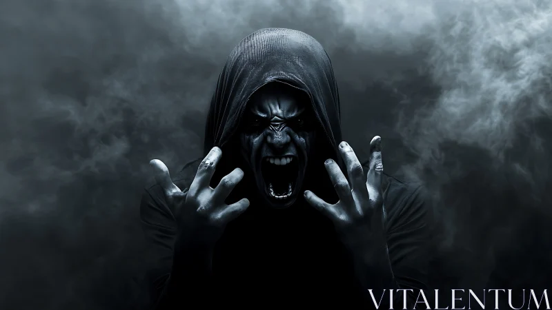 Dark hooded figure unleashes a raw scream in swirling smoke