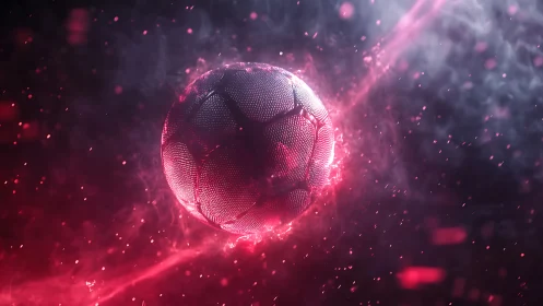 Futuristic glowing soccer ball suspended in neon vapor field.
