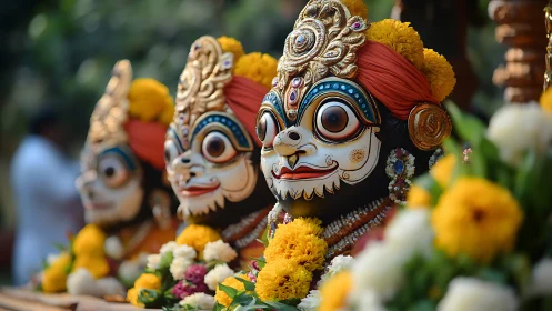 Traditional Indian deity masks with marigold flower garlands.