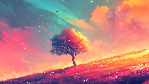 Lone dreamtree basking under a neon sherbet whirlwind sky.