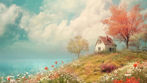 Small hillside house beside water under soft clouded sky.
